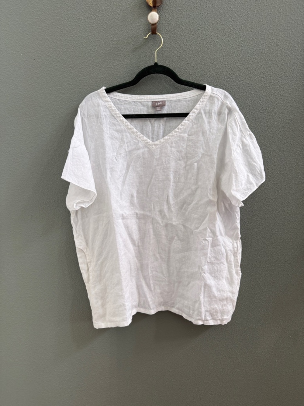 Women's J Jill 100% Linen Sz M/L Petite White V-Neck Top Pockets
